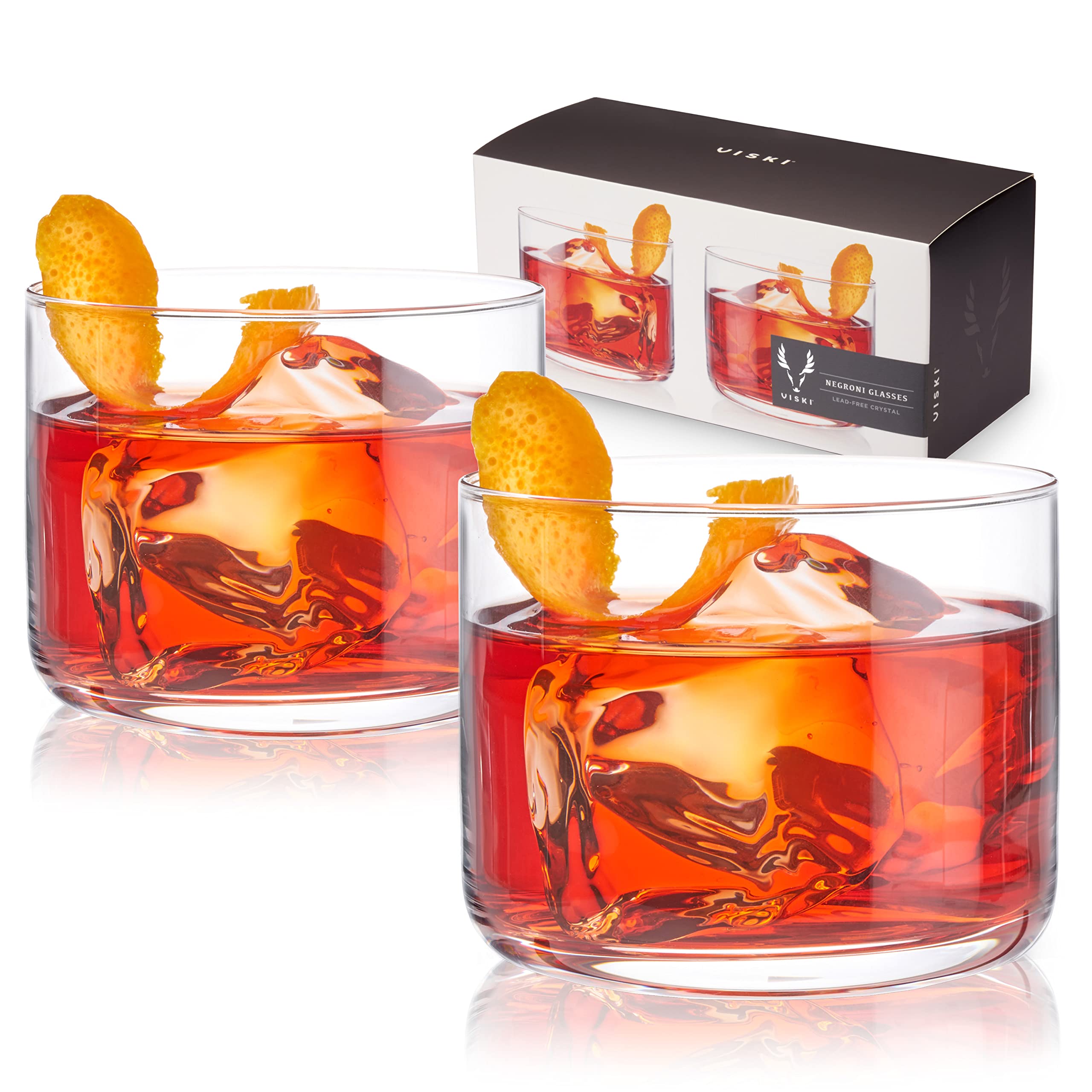 Viski Raye crystal Negroni glasses with heavy base for stylish serving.