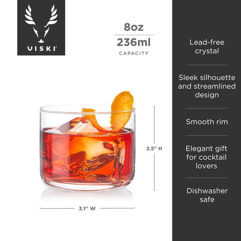 Viski Raye lead-free crystal glassware enhances contemporary home bar aesthetics.