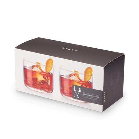 Viski Raye Negroni glasses elevate home entertaining and bar cart displays.