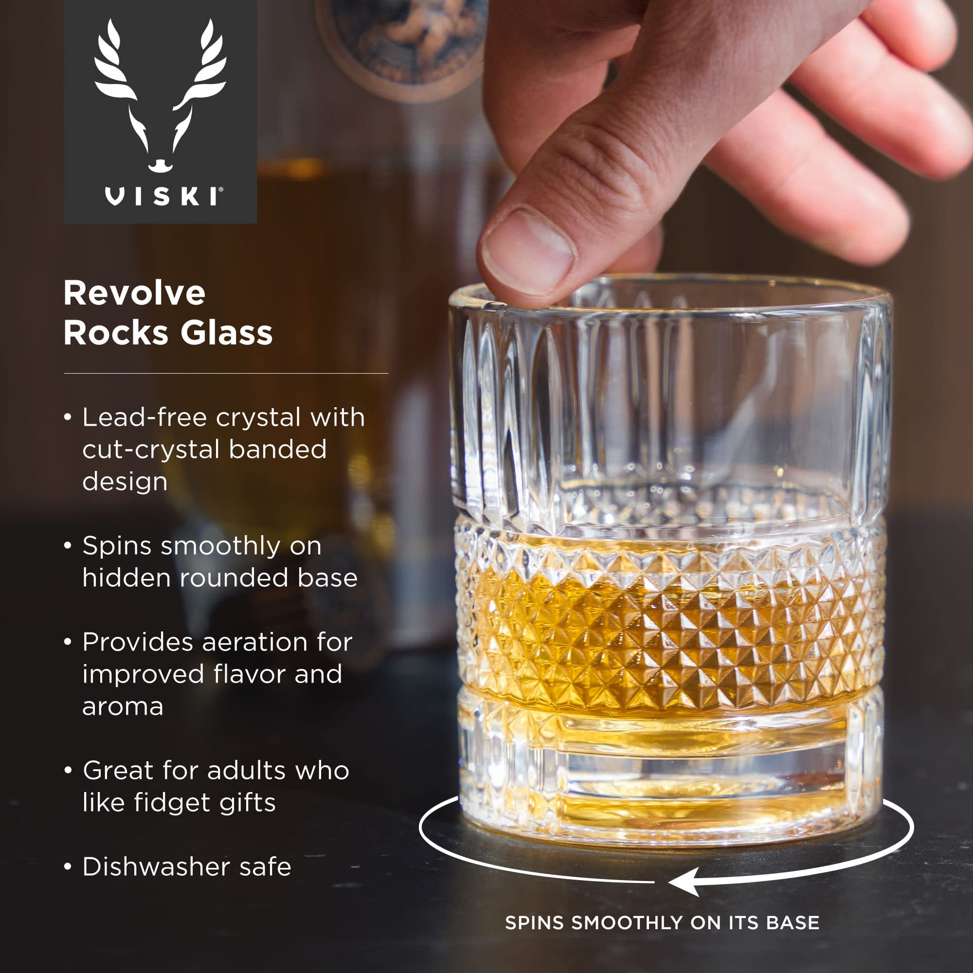 Viski Revolve crystal band detail on a cut crystal whiskey glass.