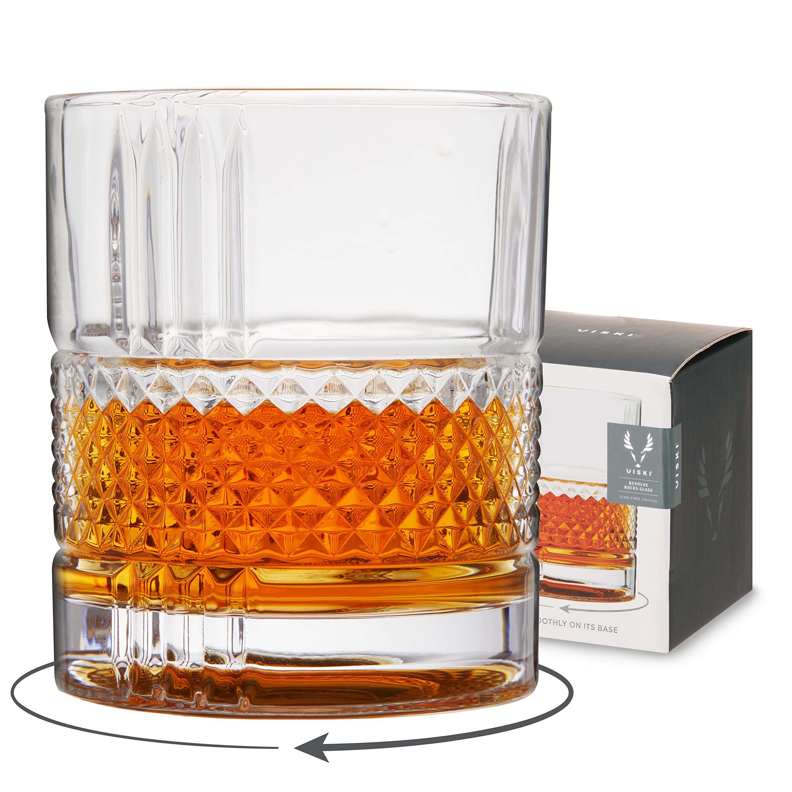 Viski Revolve spinning whiskey glass with hidden base for smooth swirling.