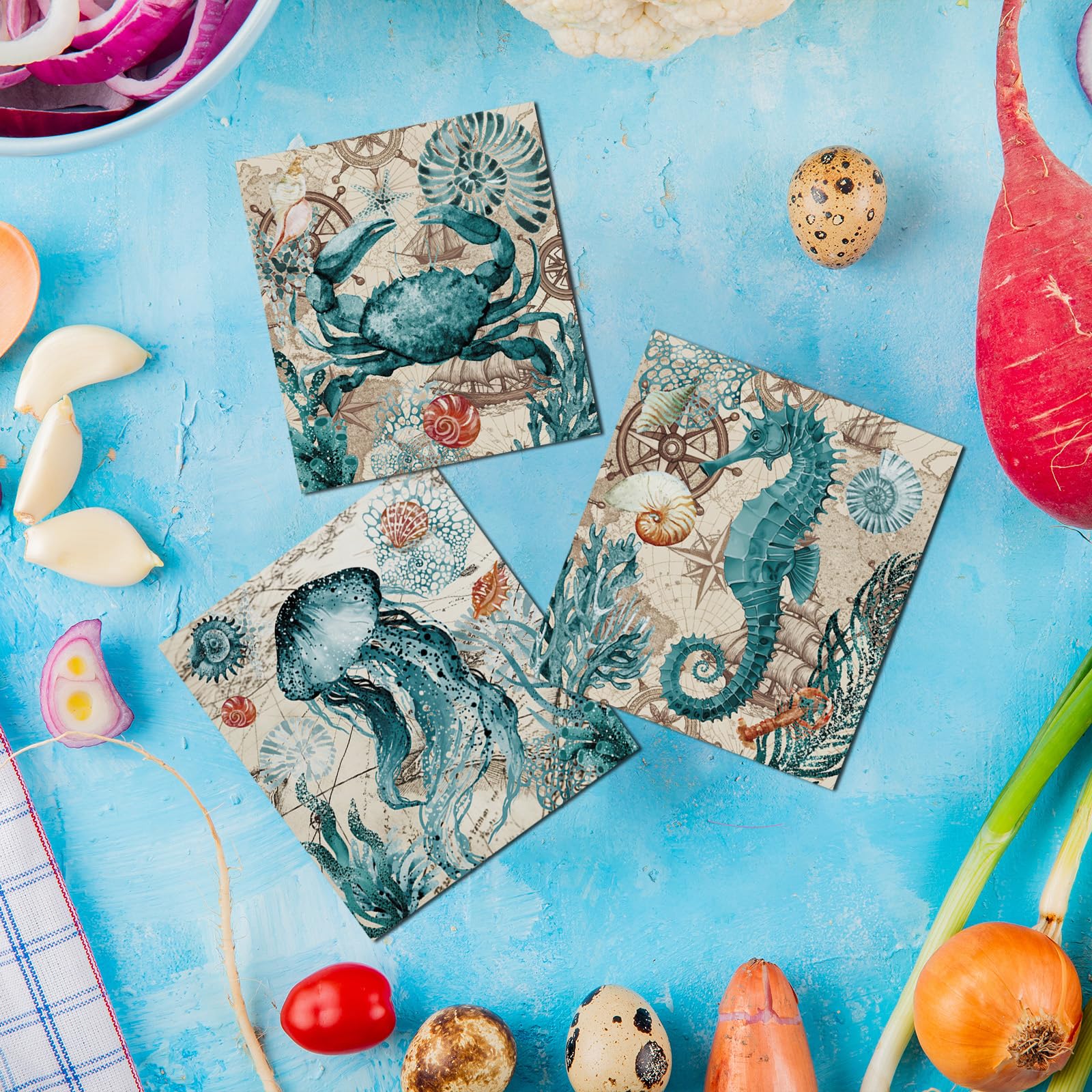 Visstree Blue Sea dishcloth watercolor design, stylish kitchen decor.