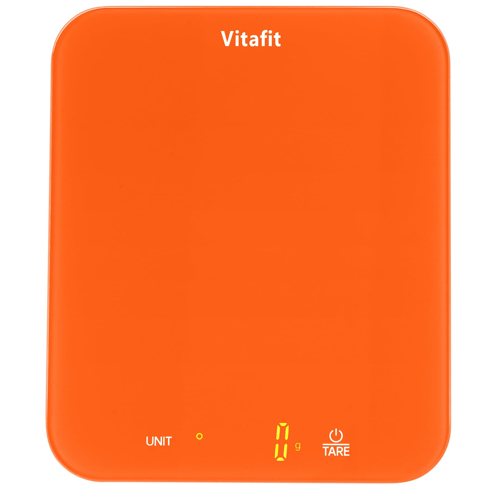 Vitafit 33lb/15kg digital scale in refreshing orange for precise kitchen weighing.