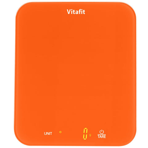 Vitafit 33lb/15kg digital scale in refreshing orange for precise kitchen weighing.