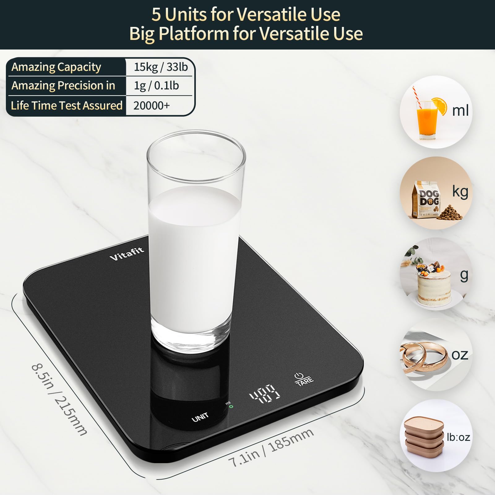 Vitafit tempered-glass surface cleans easily and resists spills