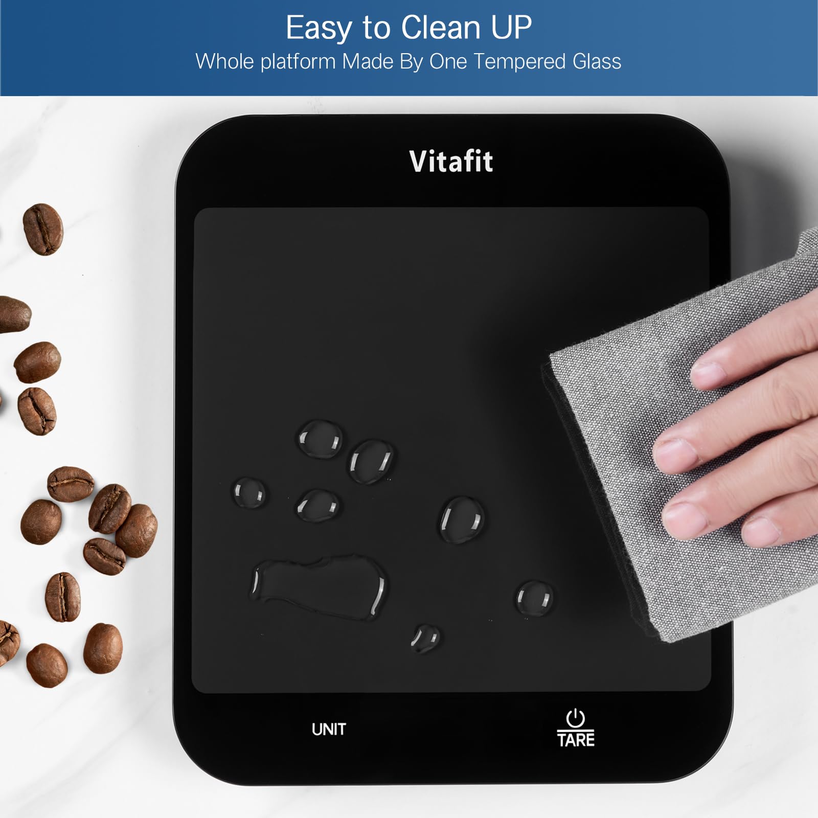 Vitafit tempered glass platform offers sturdy, easy-to-clean weighing surface