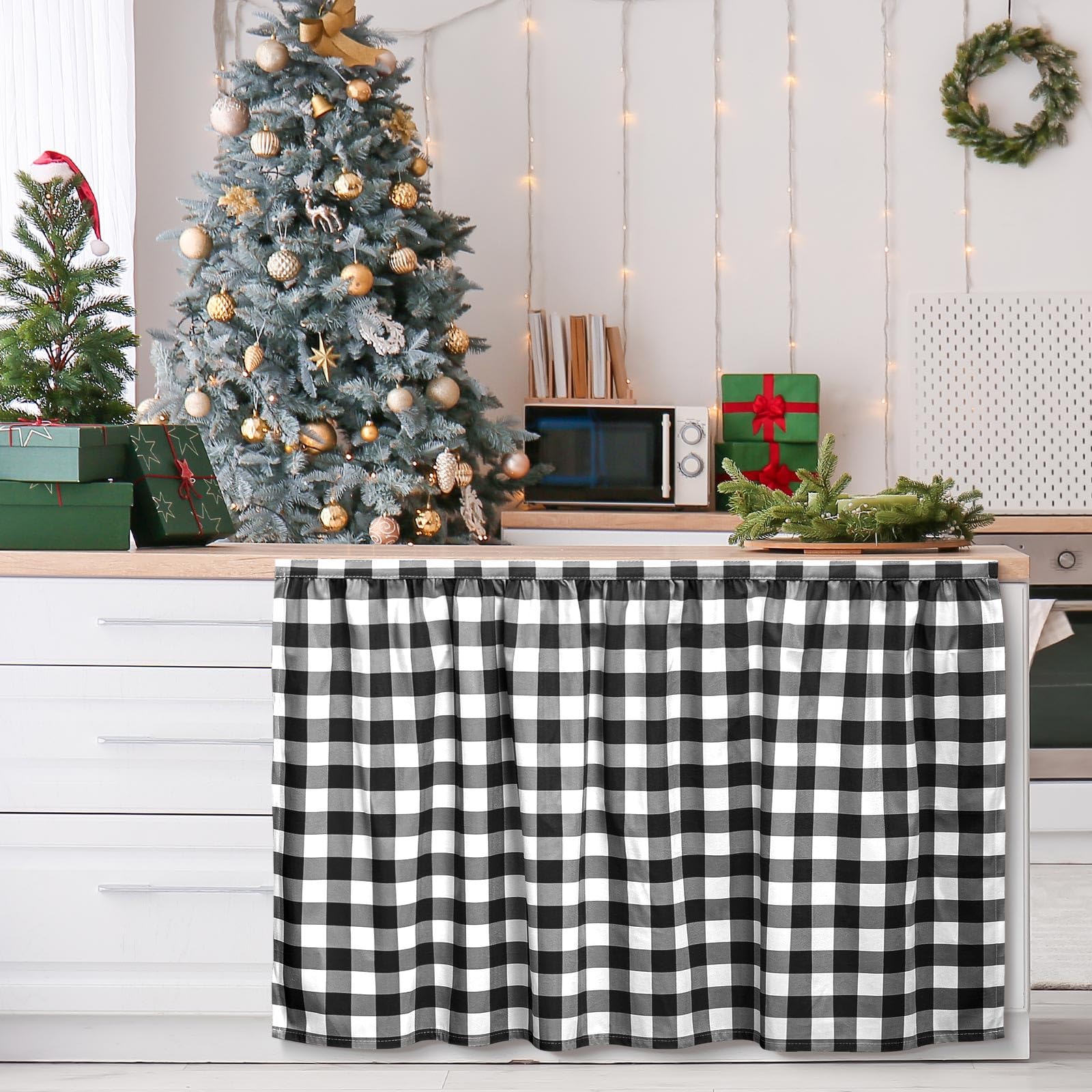 VitalCozy cabinet curtains in black and white checkered pattern for privacy and style