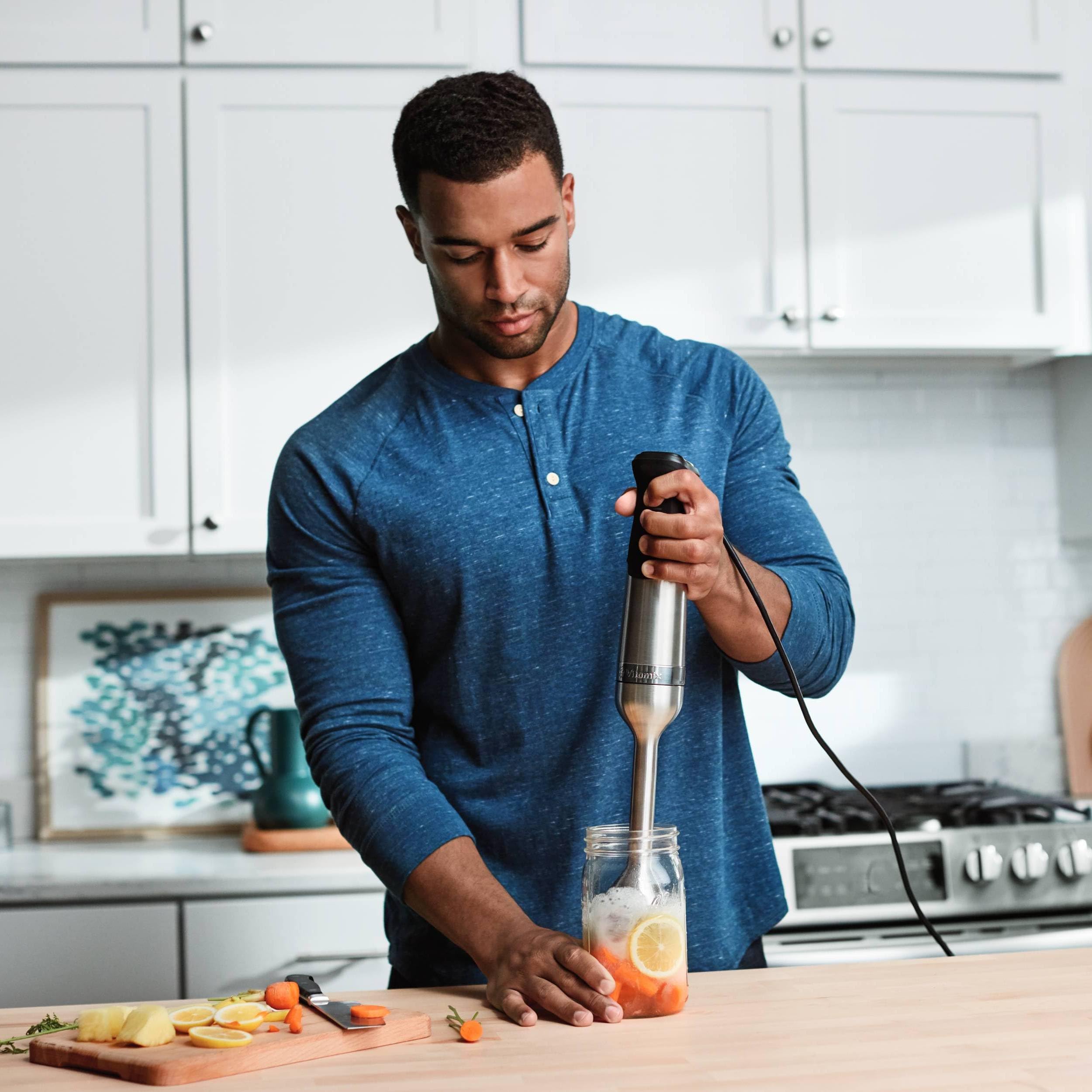Vitamix immersion blender stainless steel four-pronged blade for smooth textures.