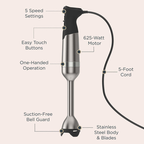 Vitamix immersion blender wide opening accommodates large containers for blending.