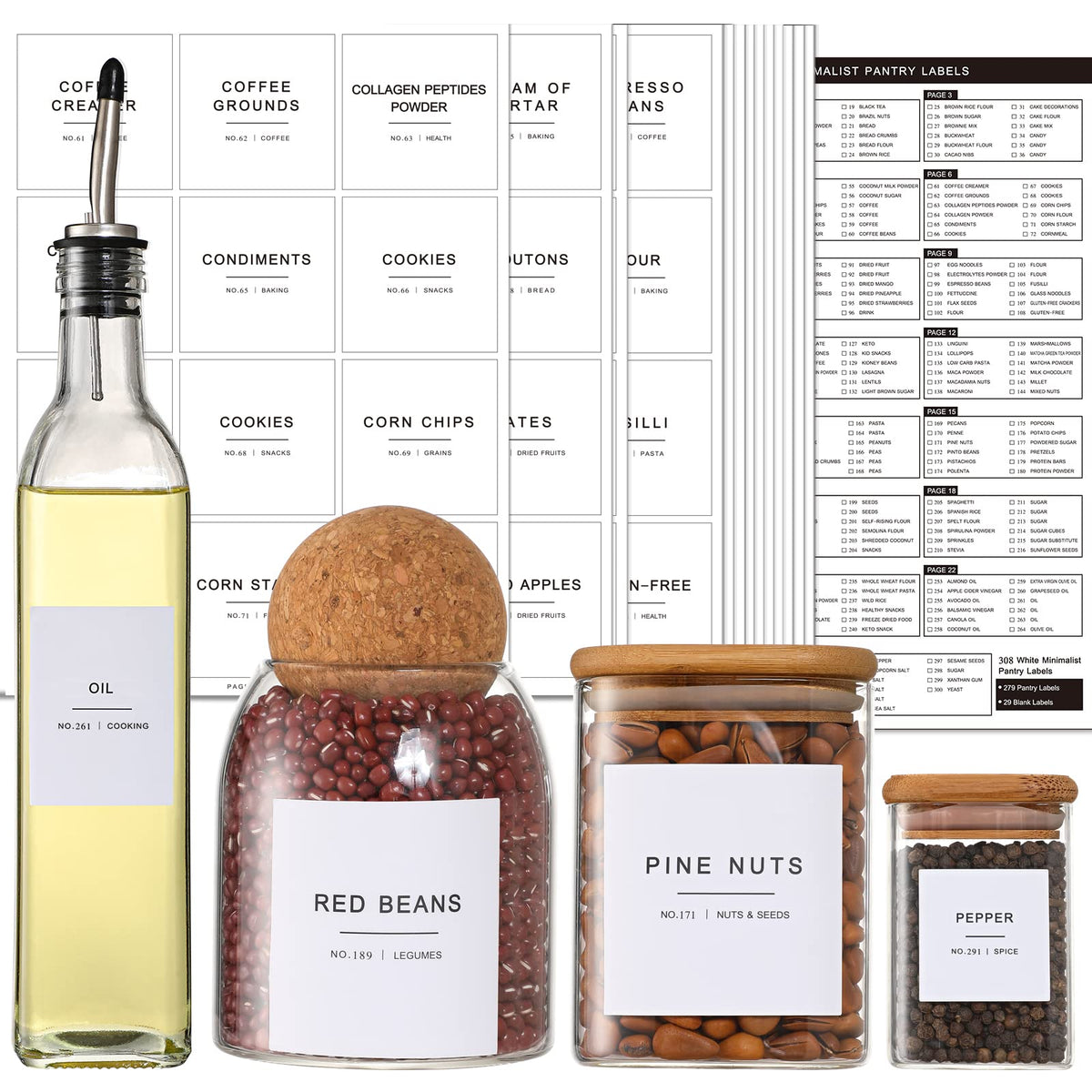 VITEVER 308 pantry labels in 2.5x2.5 inch squares for clear jar labeling.