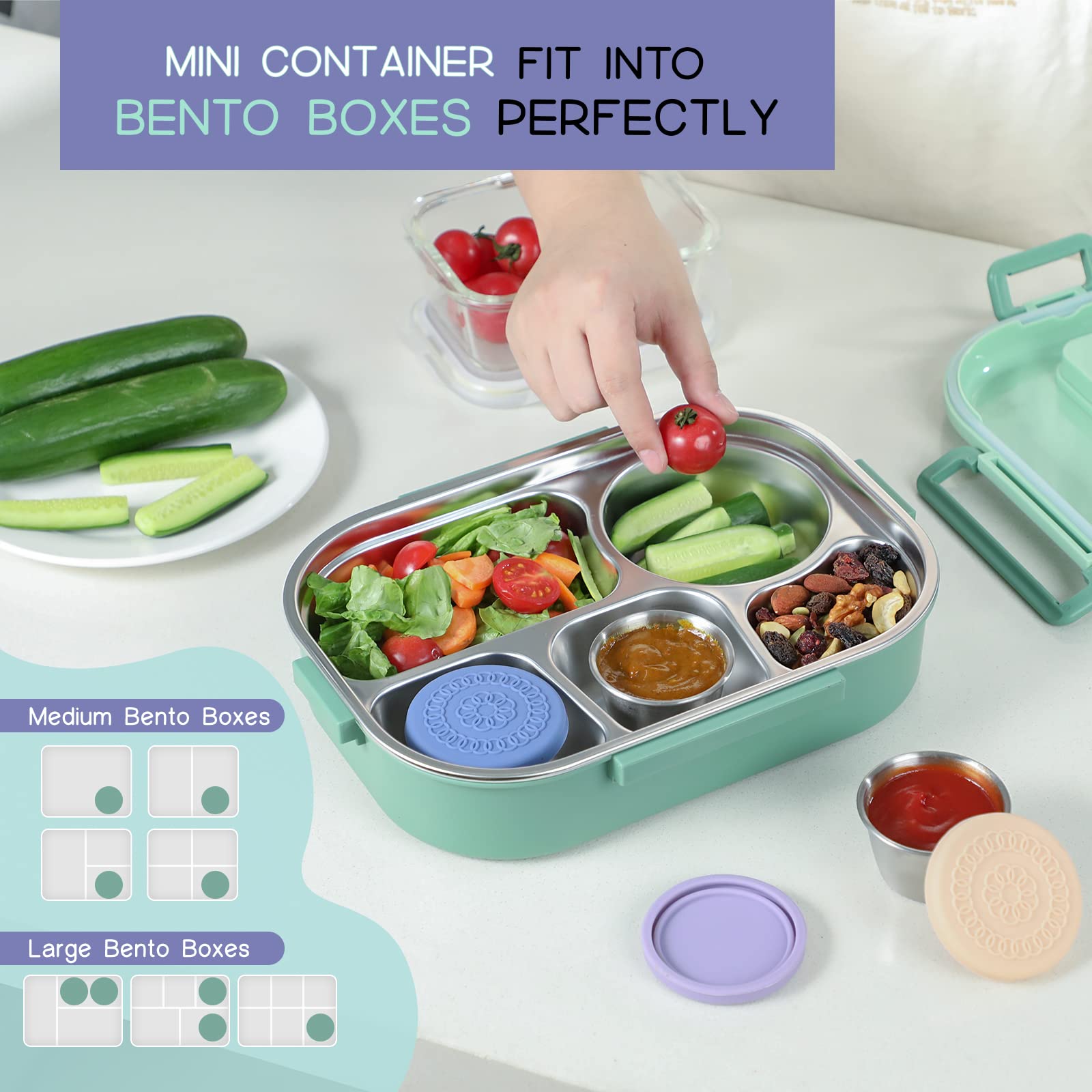 VITEVER sauce cups fit in a bento lunchbox neatly.