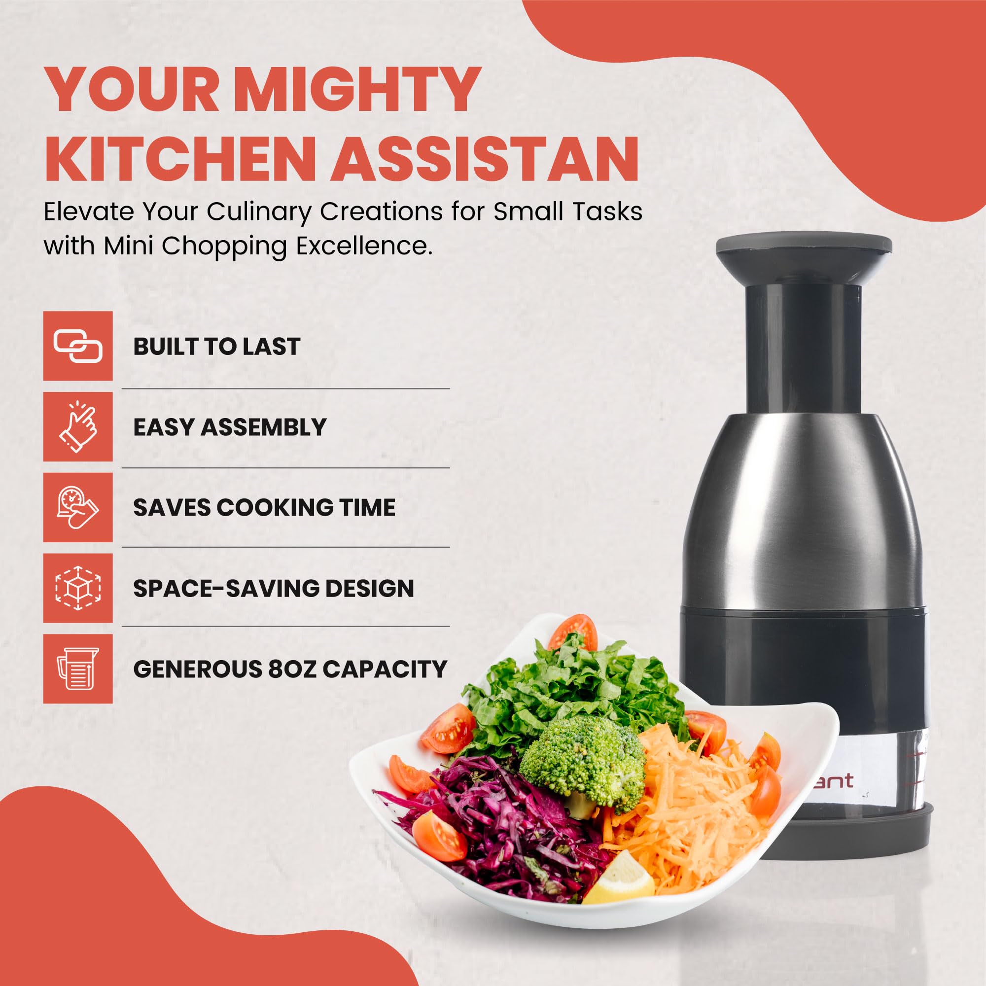 Vivaant Manual Hand Chopper with vegetables ready for dicing for quick salads.