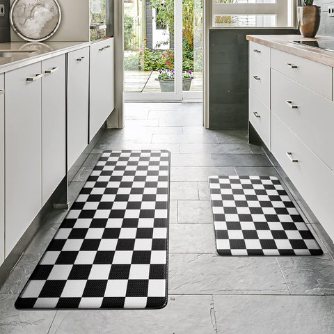 VivaNest black checkered grid kitchen mat 17x29 inches enhances modern decor