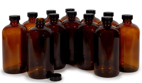 Vivaplex amber glass bottle 16 oz with black lid for safe storage and UV protection.