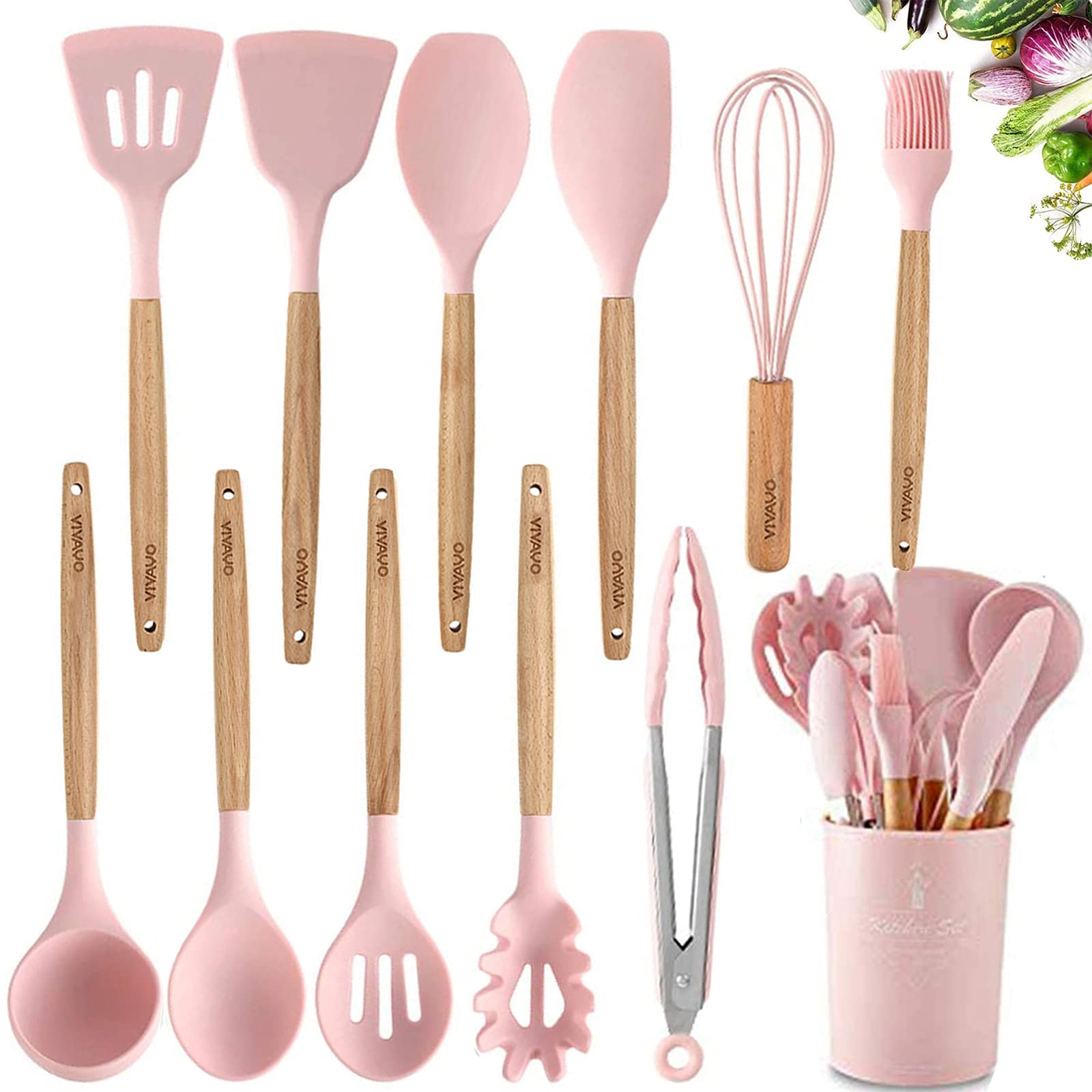 VIVAYO silicone 12-piece set with holder, easy access during meal prep.
