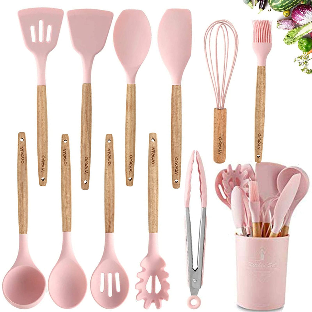 VIVAYO silicone 12-piece set with holder, easy access during meal prep.