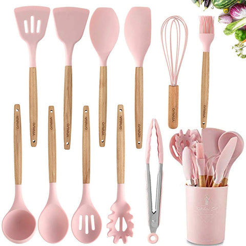 VIVAYO silicone 12-piece set with holder, easy access during meal prep.