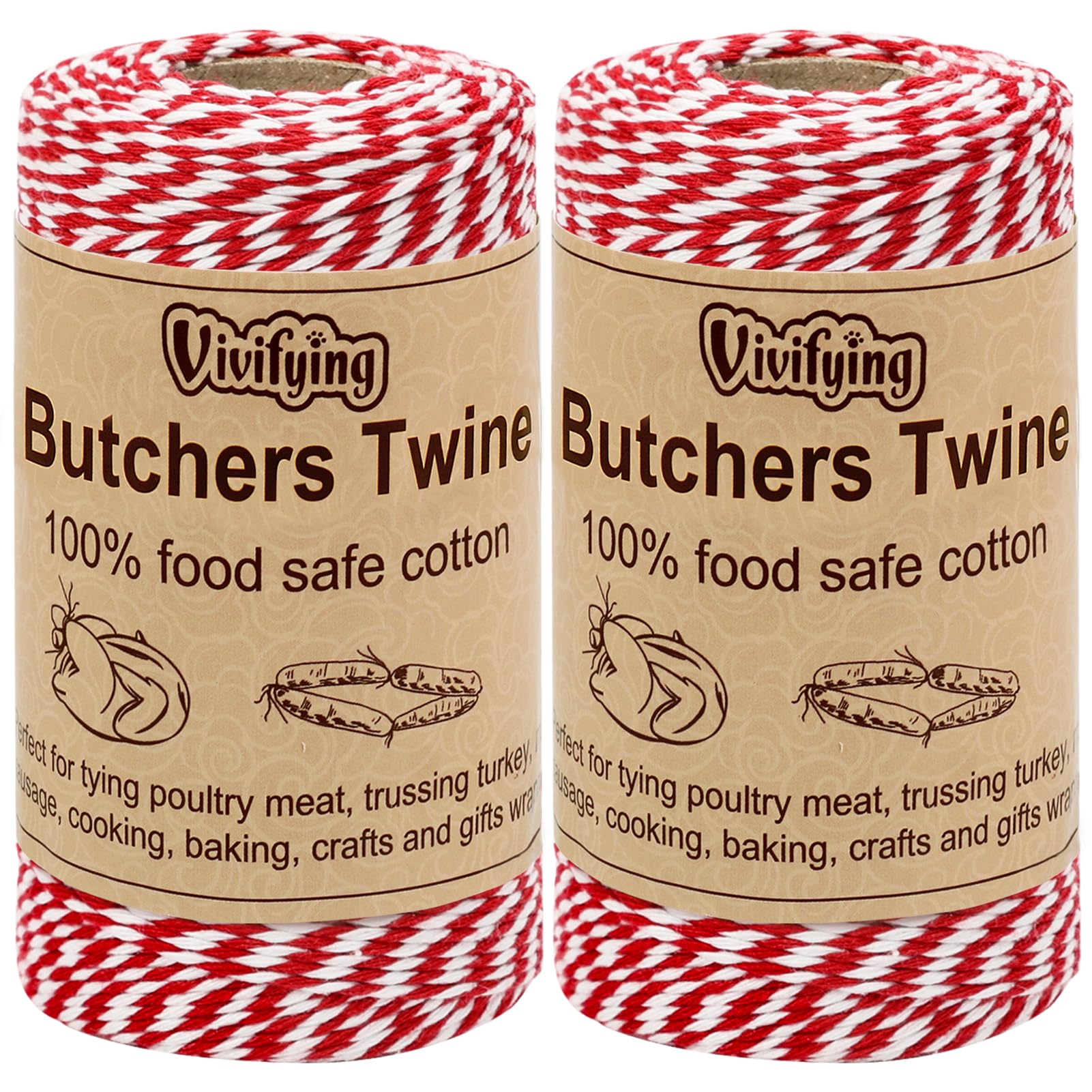 Vivifying red and white butcher twine for cooking and holiday gift wrapping.