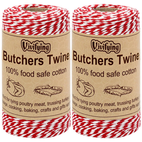 Vivifying red and white butcher twine for cooking and holiday gift wrapping.