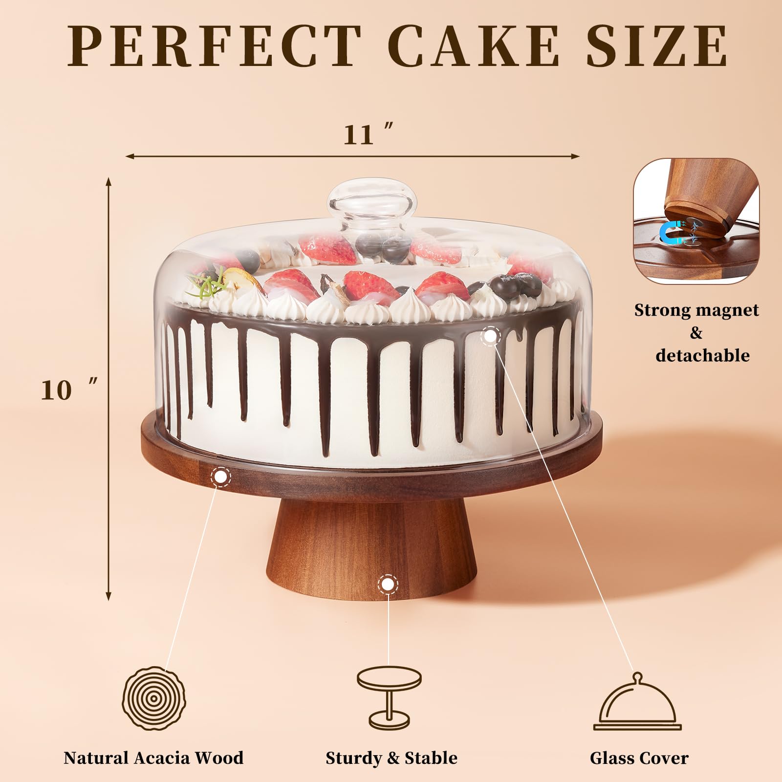 VIVIRBIEN acacia wood cake stand with glass dome elevates dessert presentation at gatherings.