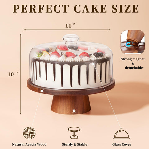 VIVIRBIEN acacia wood cake stand with glass dome elevates dessert presentation at gatherings.