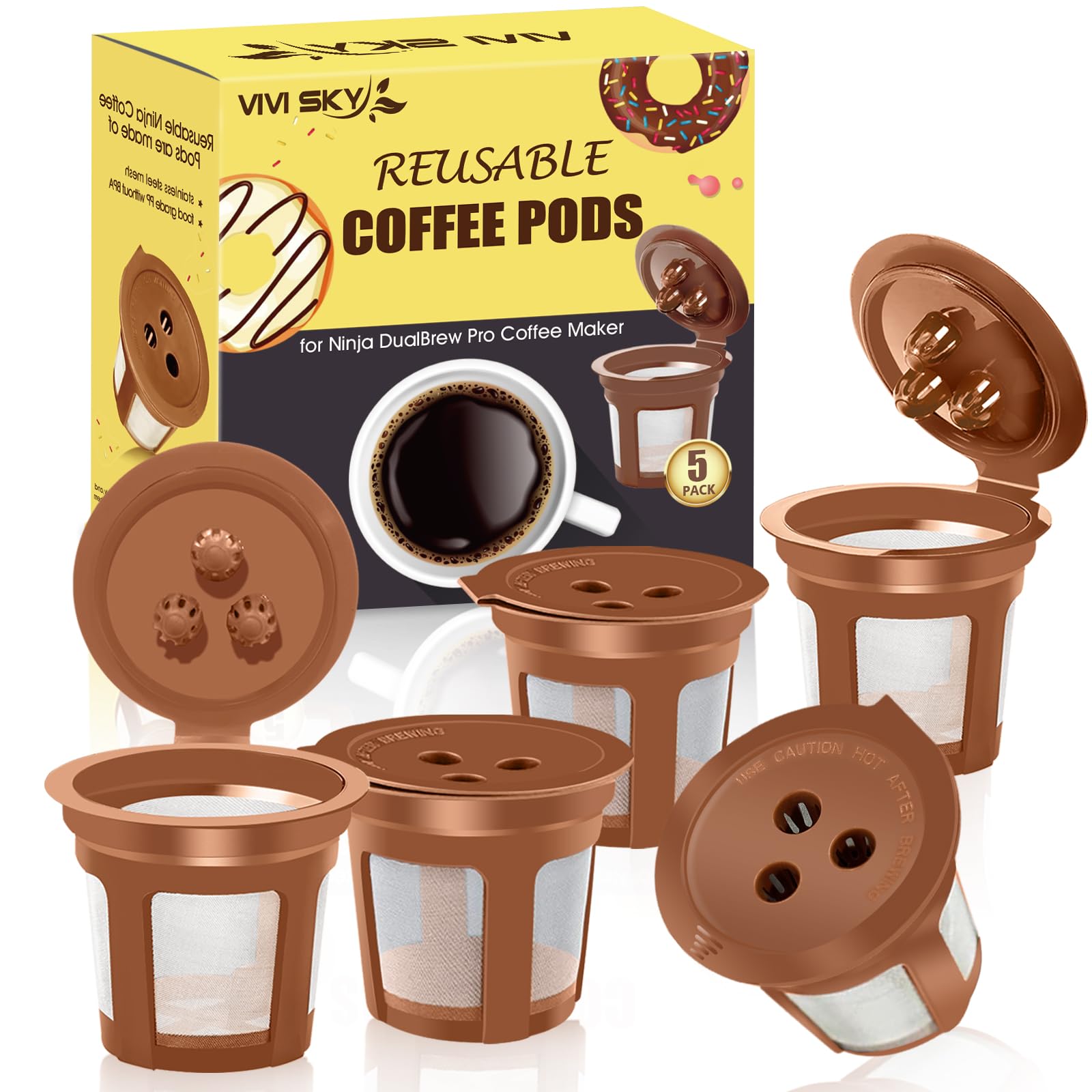 VIVI SKY reusable Ninja Dual Brew 4-cone filter, five-pack for versatile coffee blends.