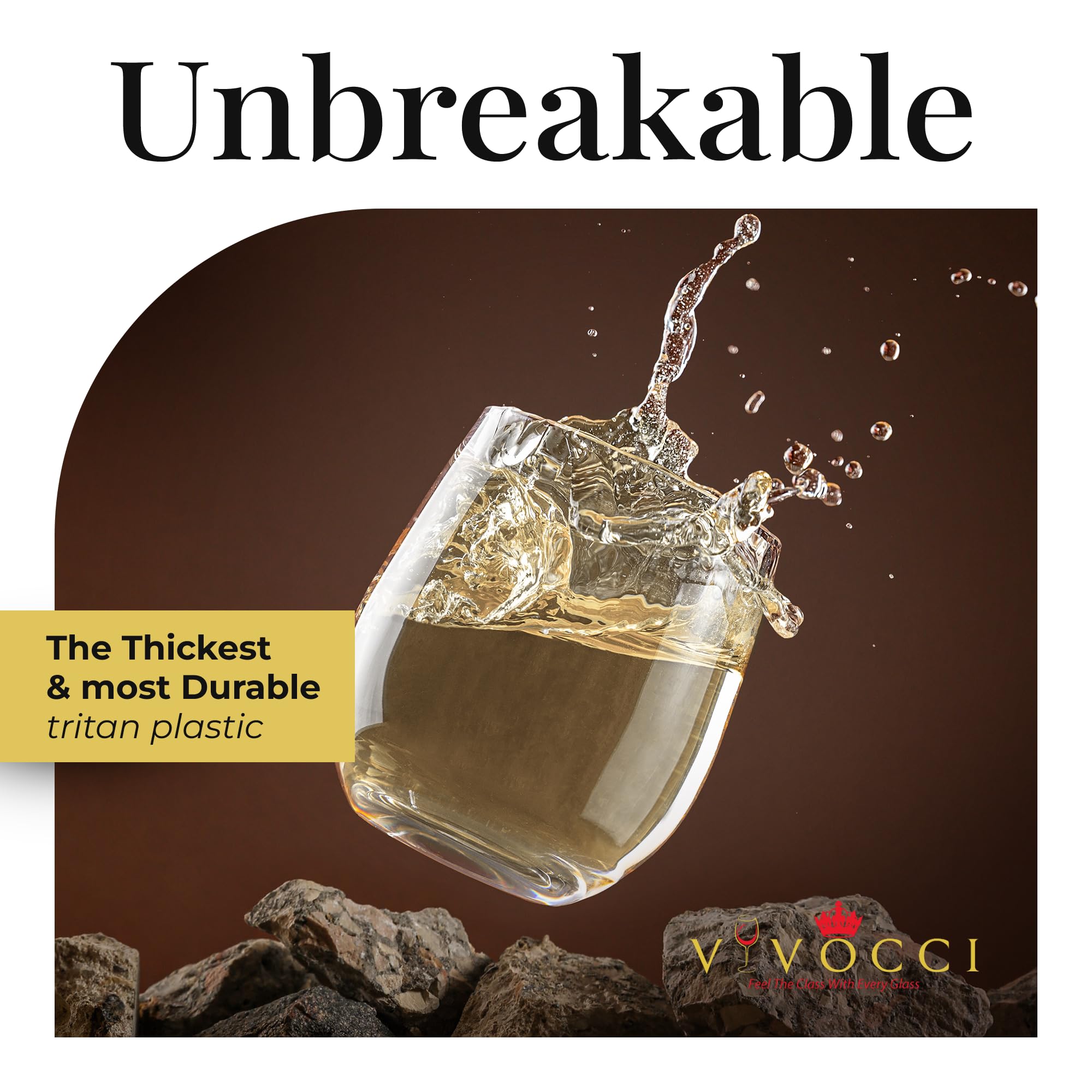 Vivocci shatterproof glassware designed for outdoor use on patio, boat or picnic.