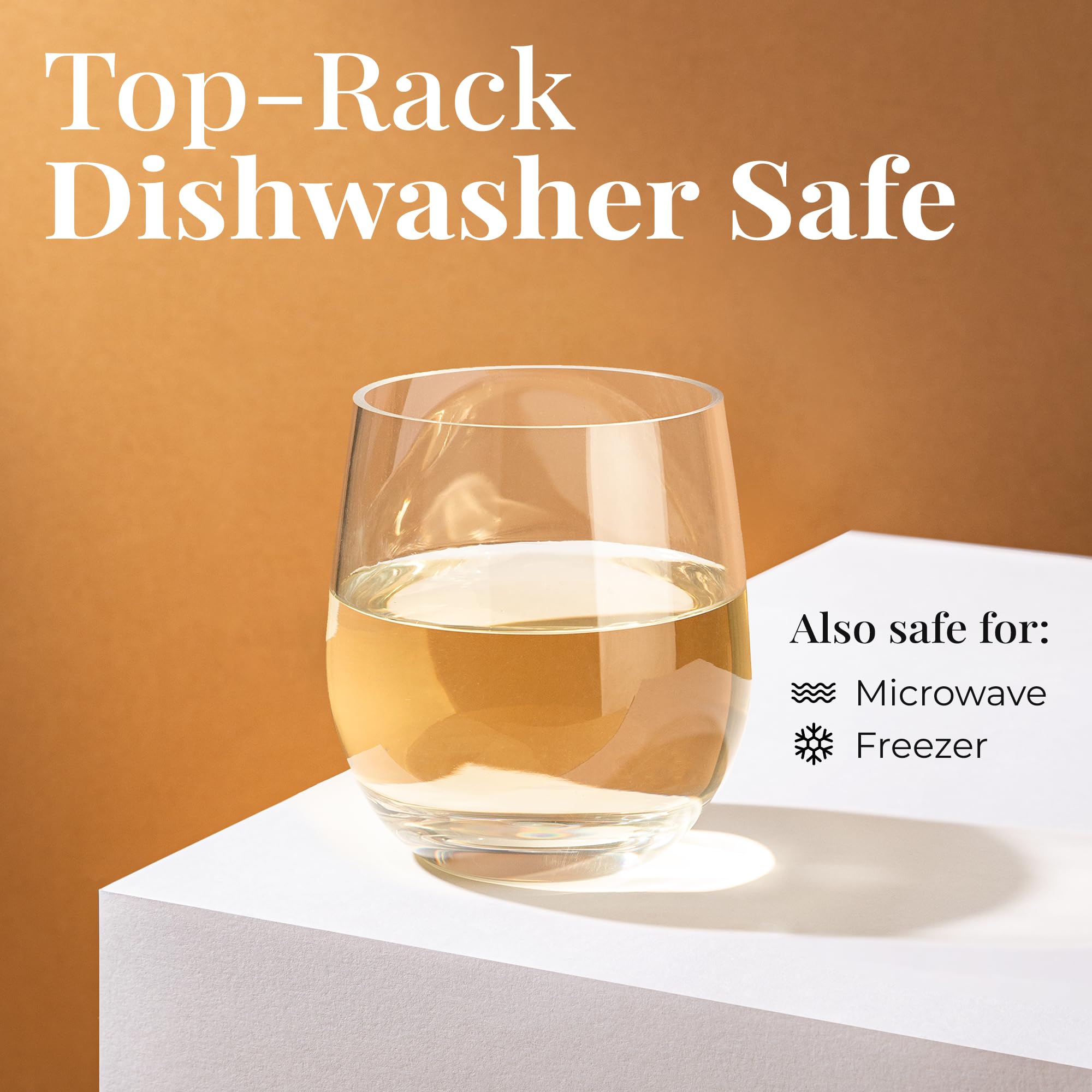 Vivocci twelve-and-a-half-ounce capacity stemless glasses for cocktails and more.