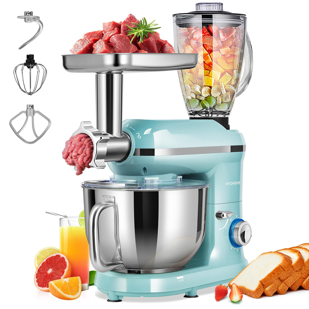 VIVOHOME 3in1 stand mixer blue bowl for efficient kneading and mixing.