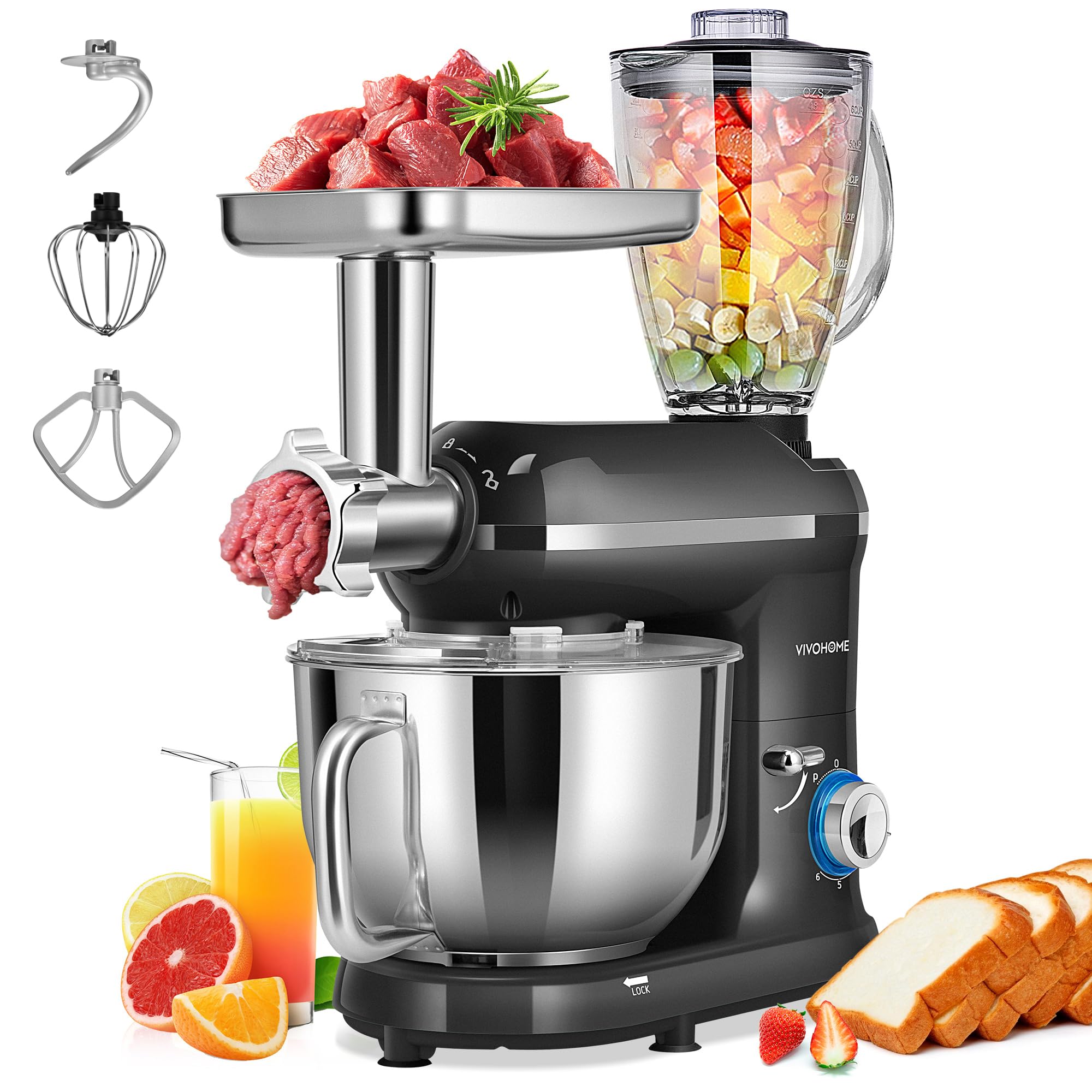 VIVOHOME 3-in-1 stand mixer bowl with 6-quart capacity for large batches.