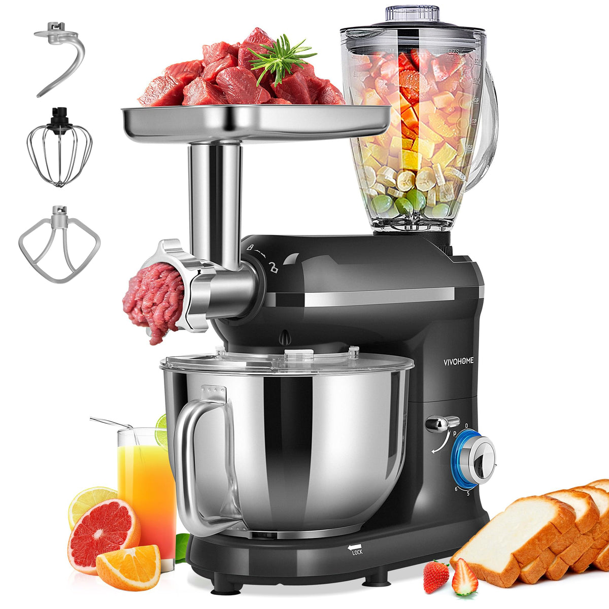 VIVOHOME 3-in-1 stand mixer bowl with 6-quart capacity for large batches.