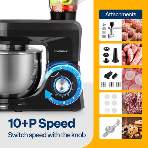 Vivohome stand mixer with bowl and attachments for dough, whipping, and blending versatility.