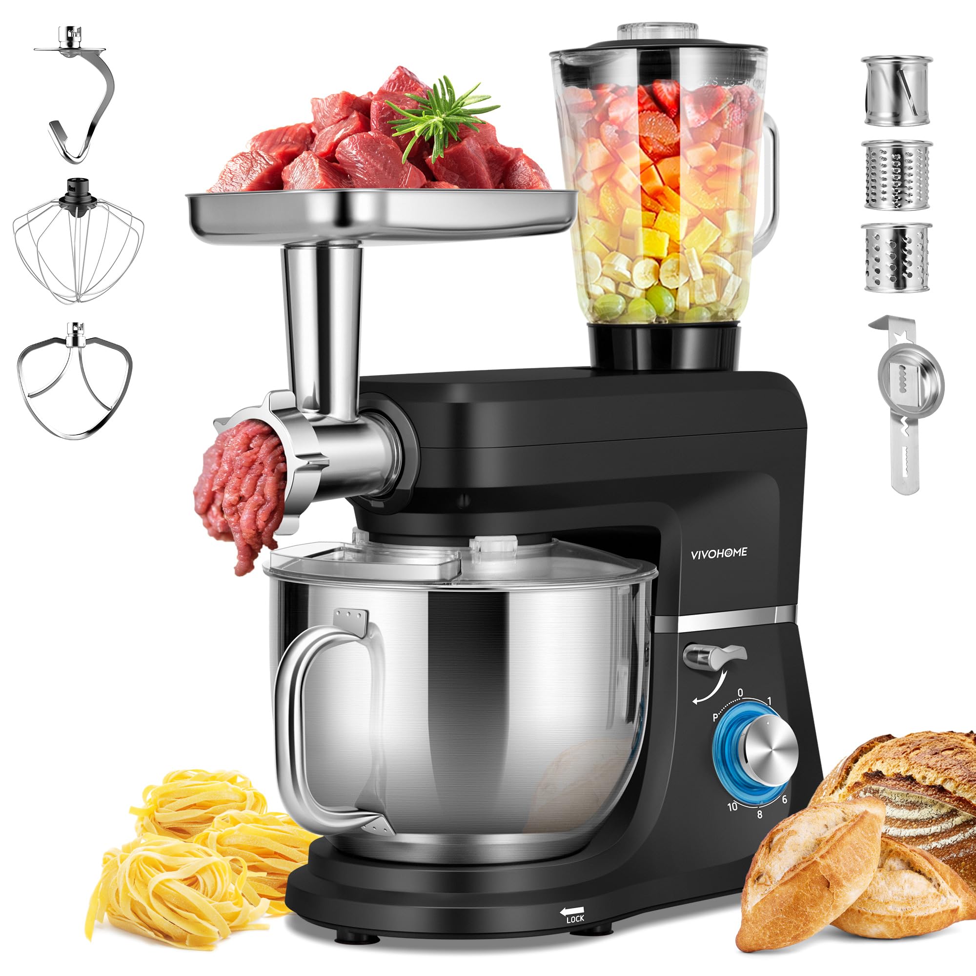Vivohome 6-in-1 stand mixer front view with large 8.5-quart bowl for batch baking.