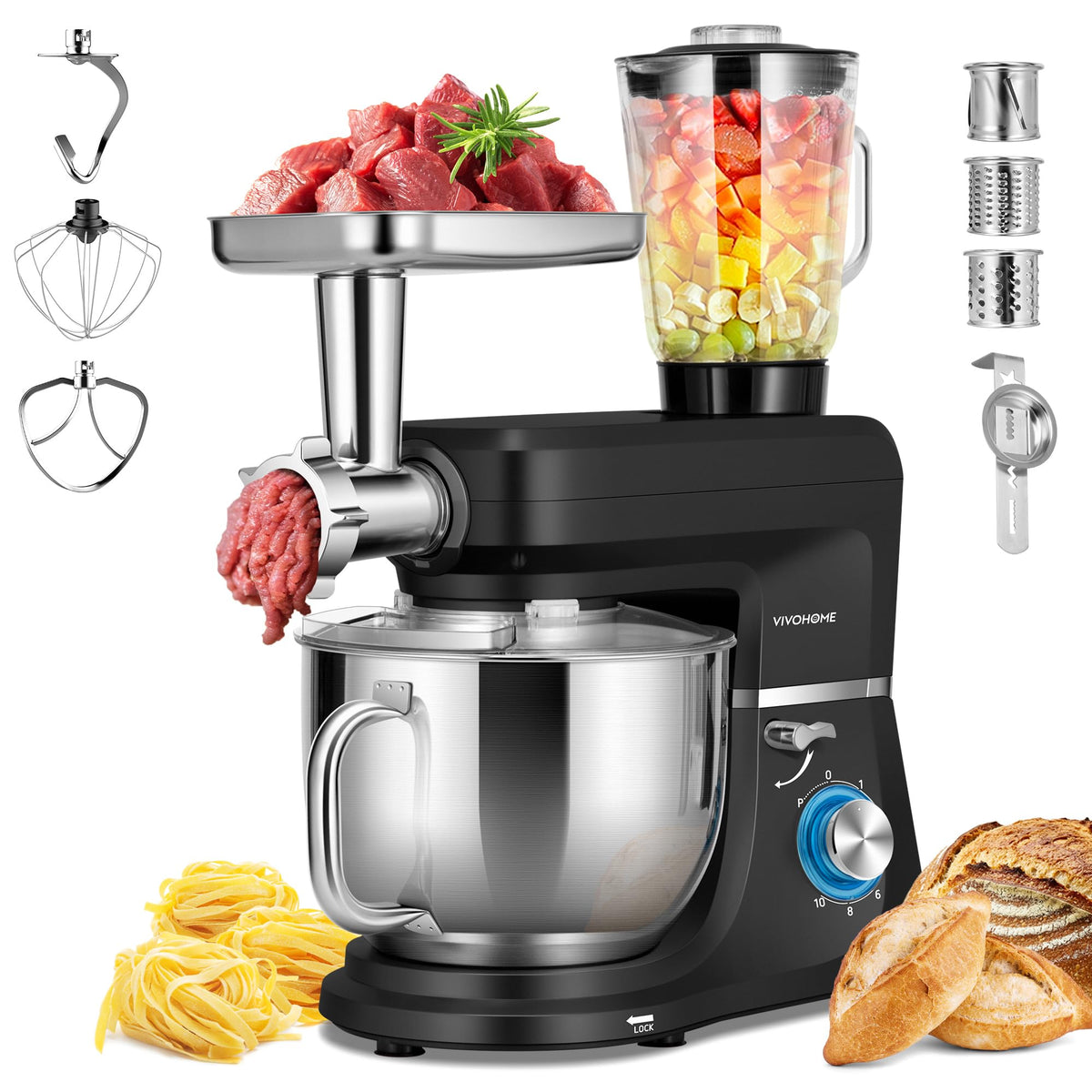 Vivohome 6-in-1 stand mixer front view with large 8.5-quart bowl for batch baking.