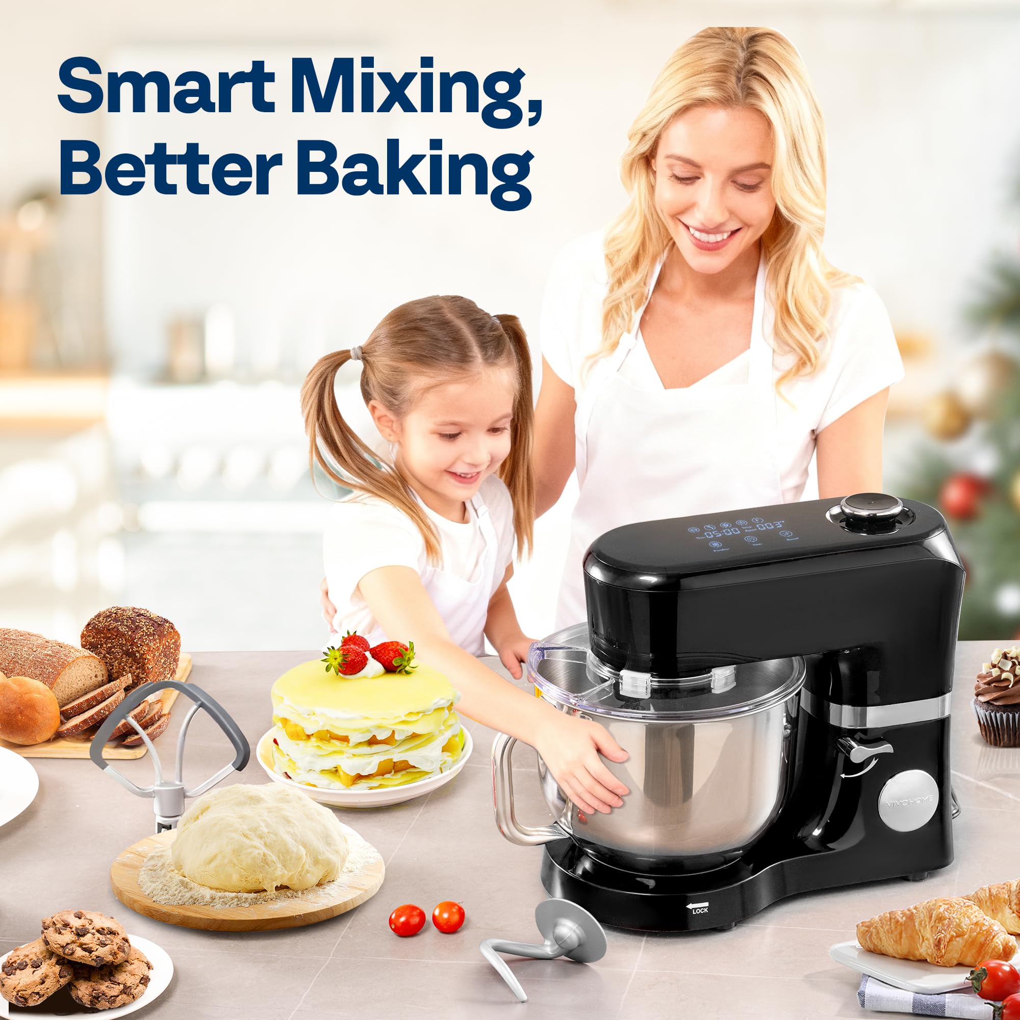 VIVOHOME stand mixer displaying one-touch presets for kneading, whisking, and stirring.