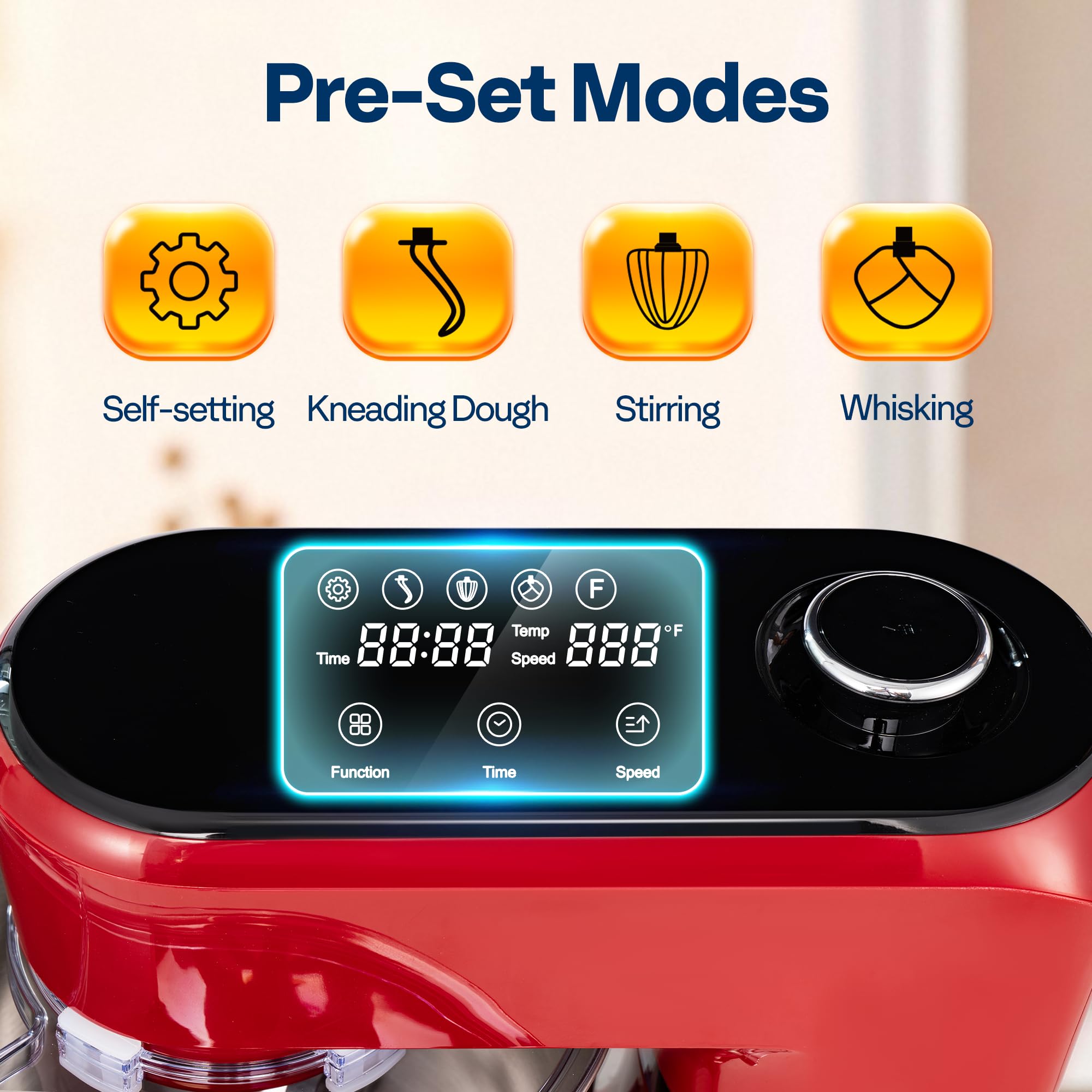 VIVOHOME mixer showing one-touch knead, whisk, and stir presets