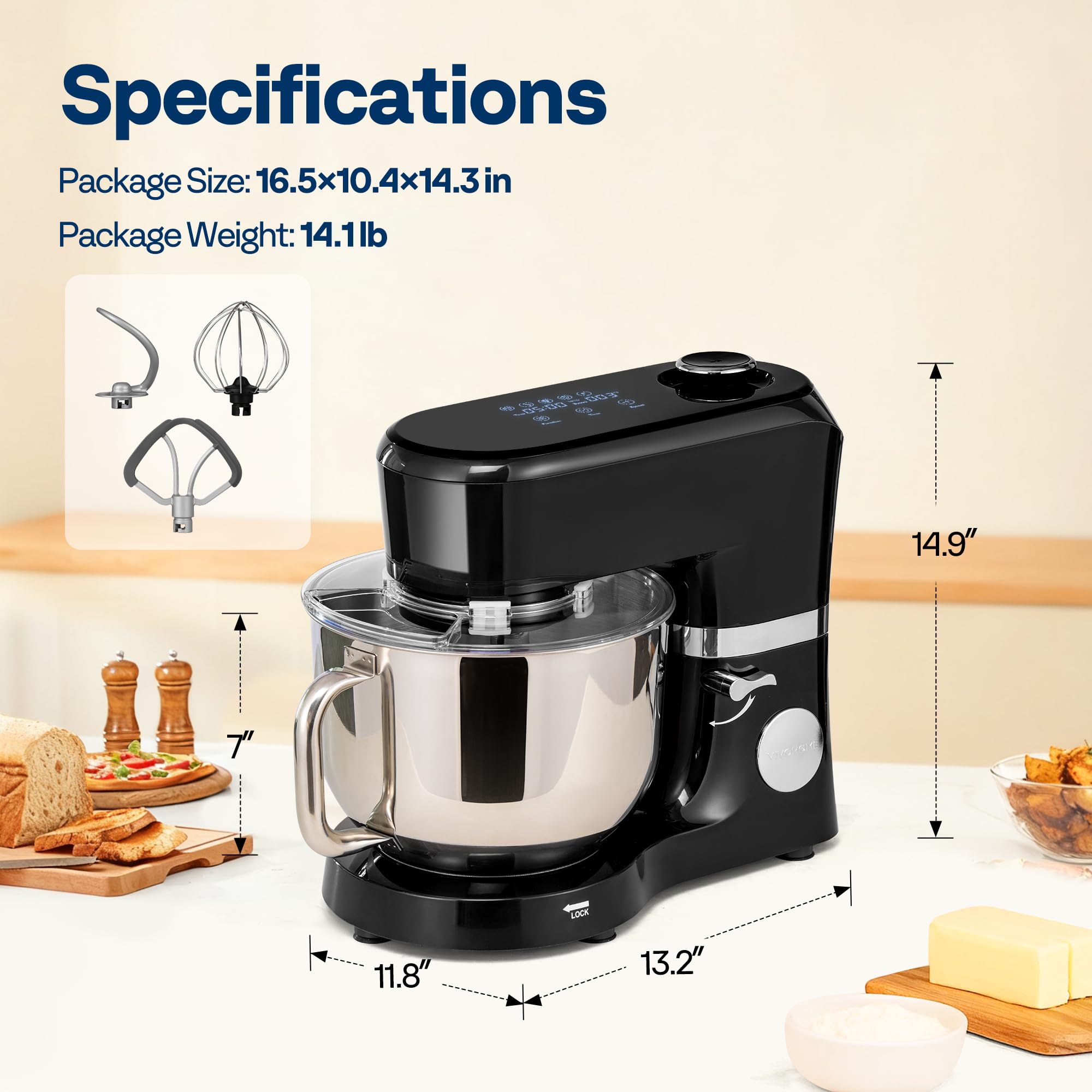 VIVOHOME stand mixer highlights quiet 660W copper motor and stable operation.