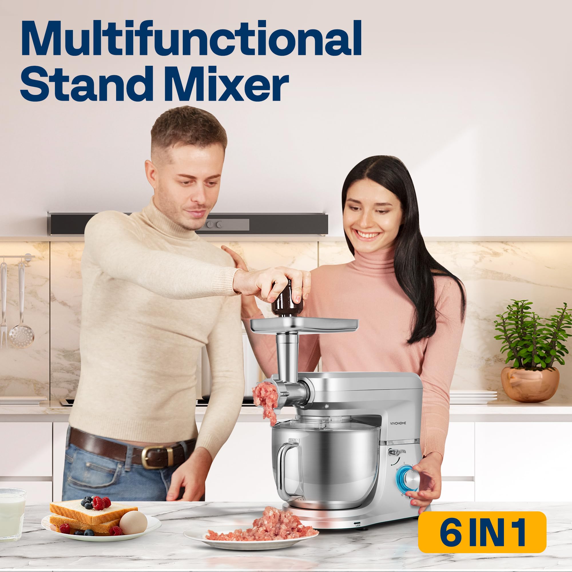 VIVOHOME tilt-head design aids easy attachment changes during dough prep.