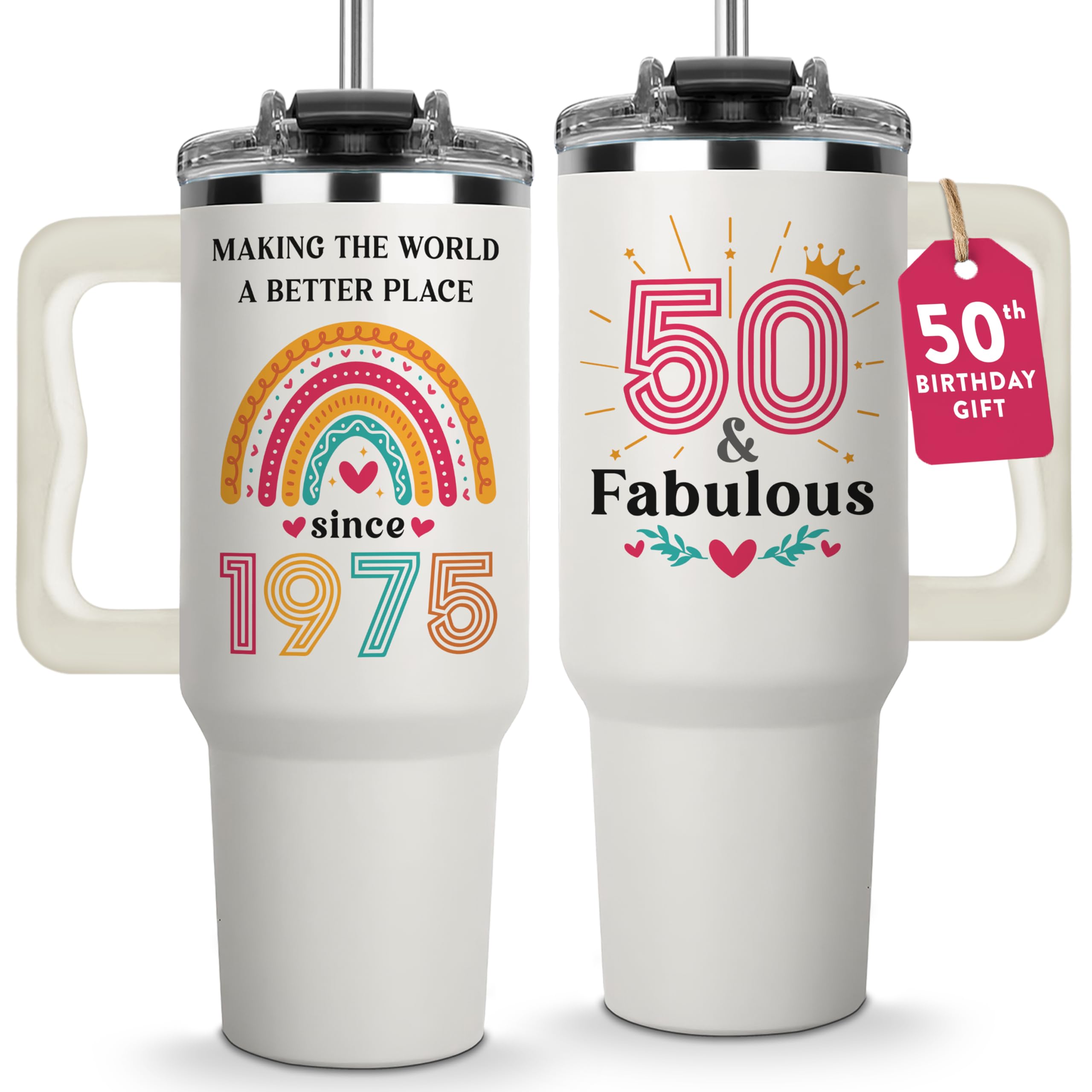Vivulla68 50th tumbler 40oz front view with bold print, ideal for daily celebration.