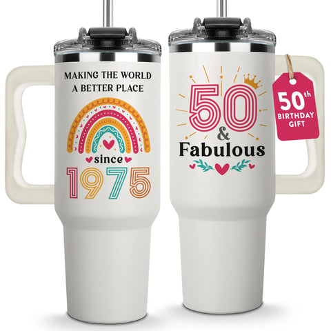 Vivulla68 50th tumbler 40oz front view with bold print, ideal for daily celebration.