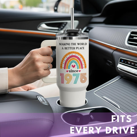 Vivulla68 50th tumbler 40oz lifestyle shot showing real-life usage.