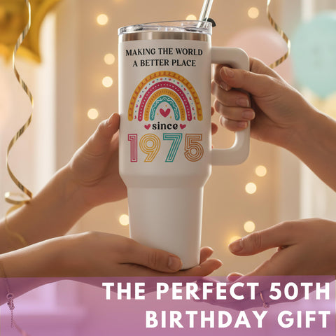Vivulla68 50th tumbler 40oz side design showing retro flair for stylish sipping.