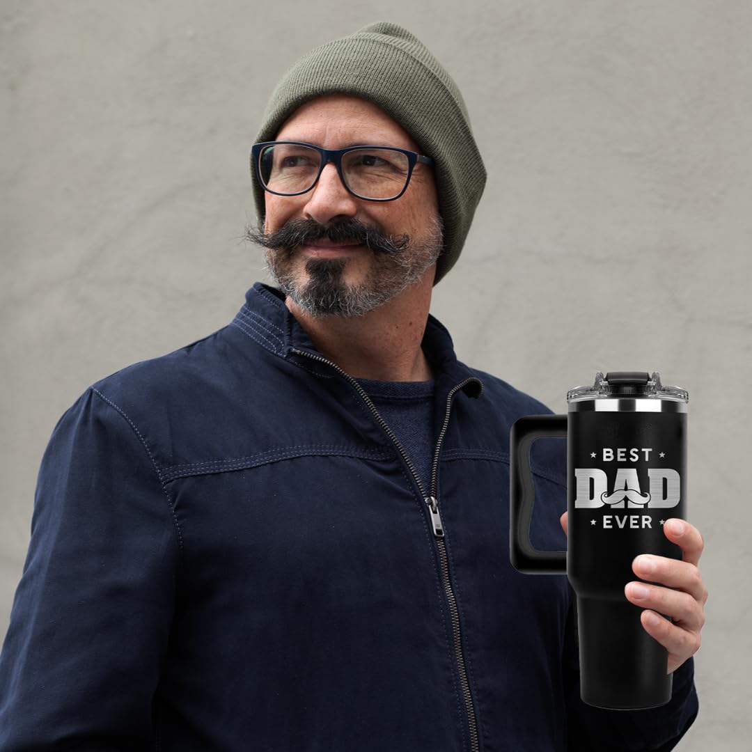 Vivulla68 Best Dad Ever 40oz tumbler print area demonstrates right- or left-handed readability