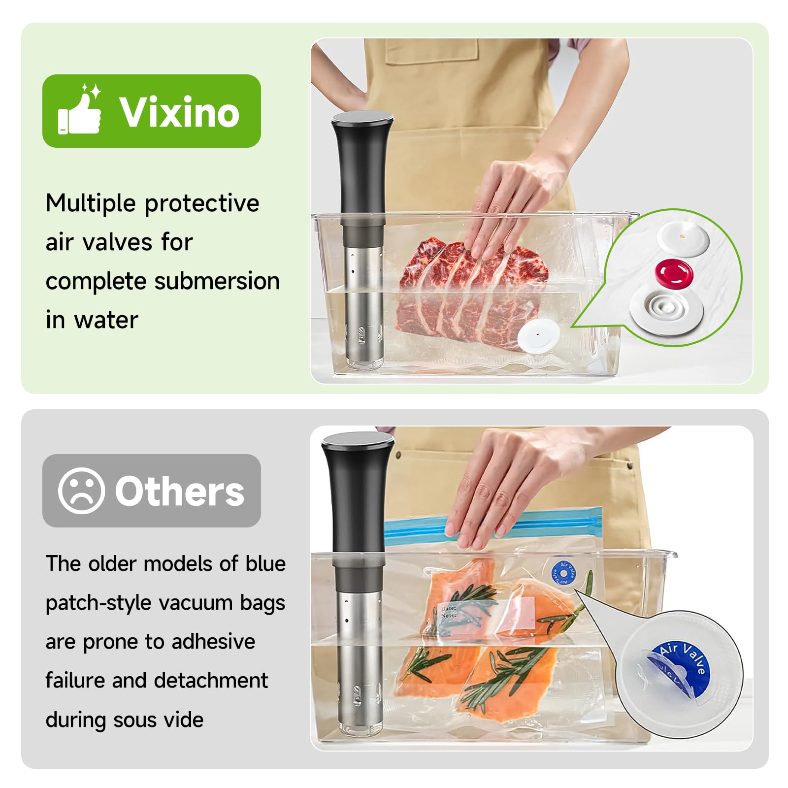 Vixino bags ready for sous vide cooking with reliable heat tolerance.
