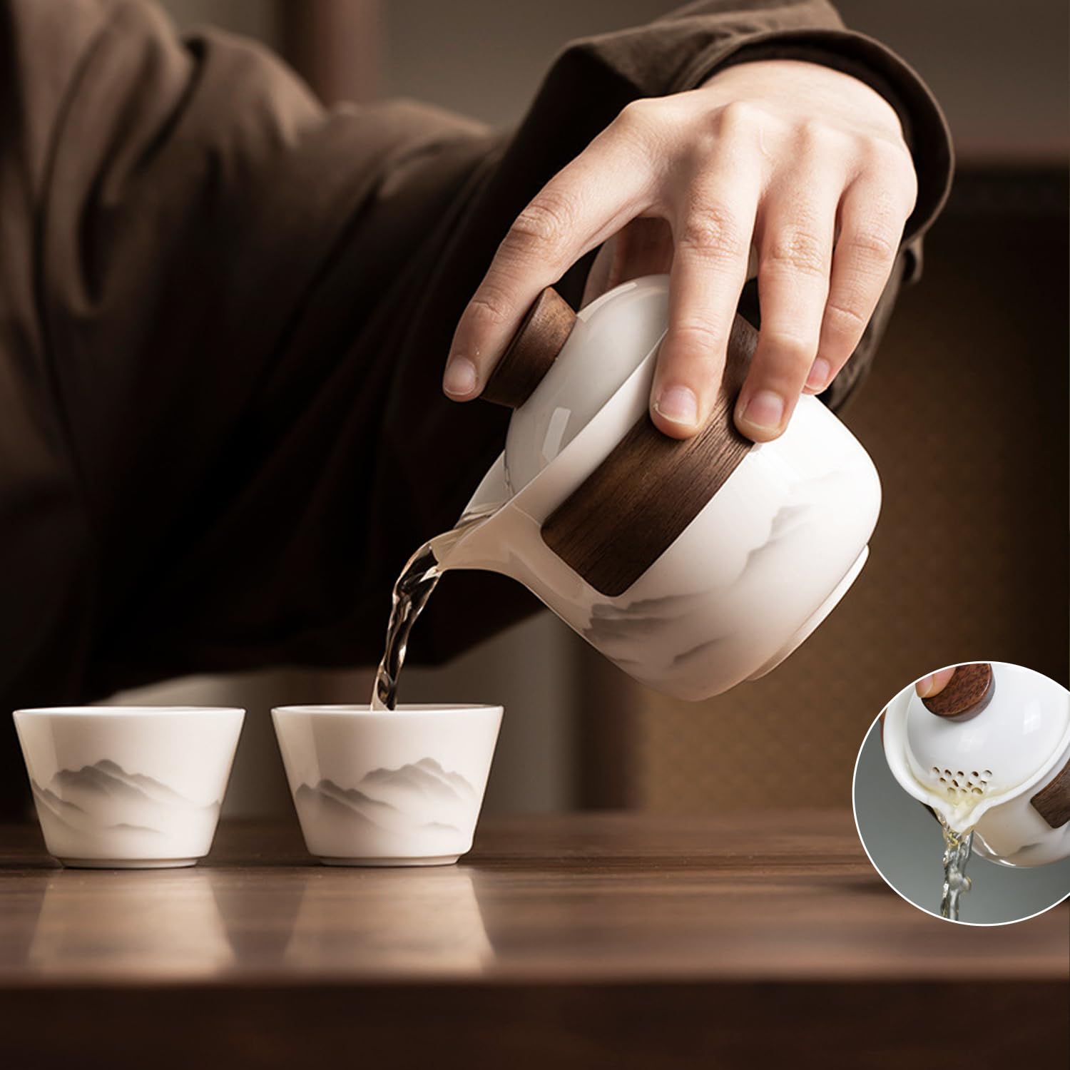 VJK distant mountains design enhances tea rituals with serene imagery