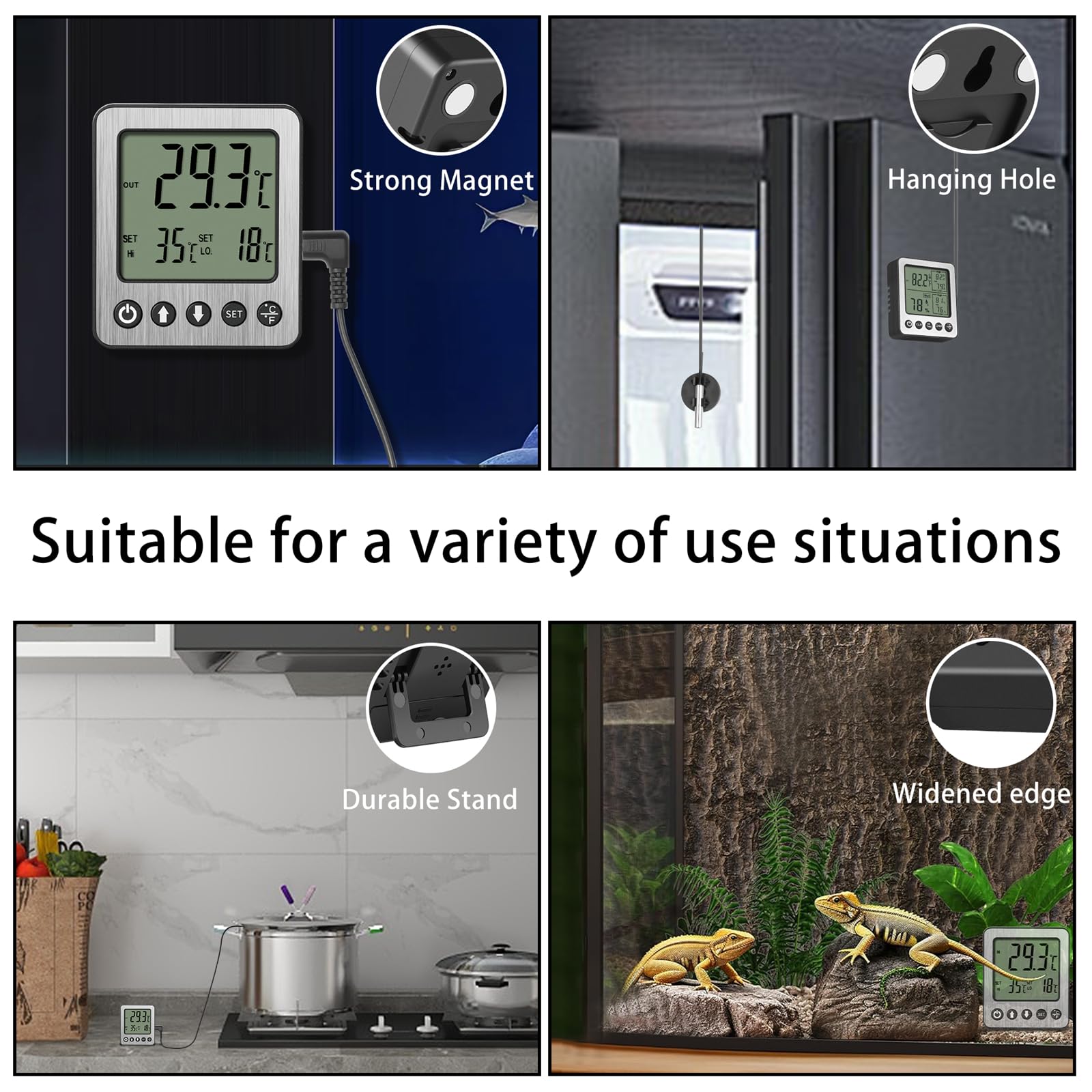 VLEJEARI thermometer alarm screen with audible alert feature.