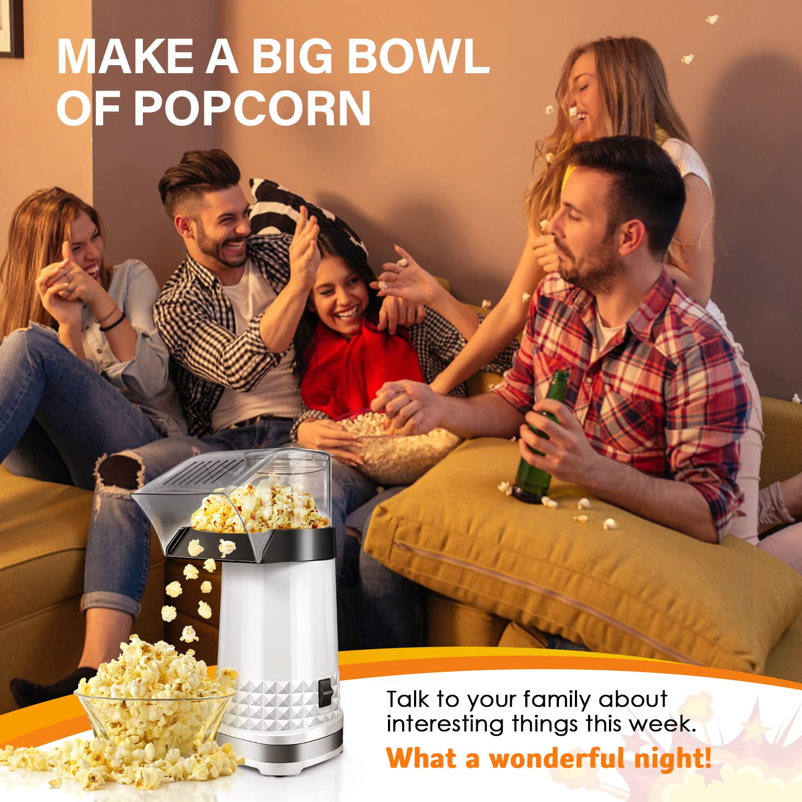 Vminno family-friendly popcorn popper feeds a cozy movie night.