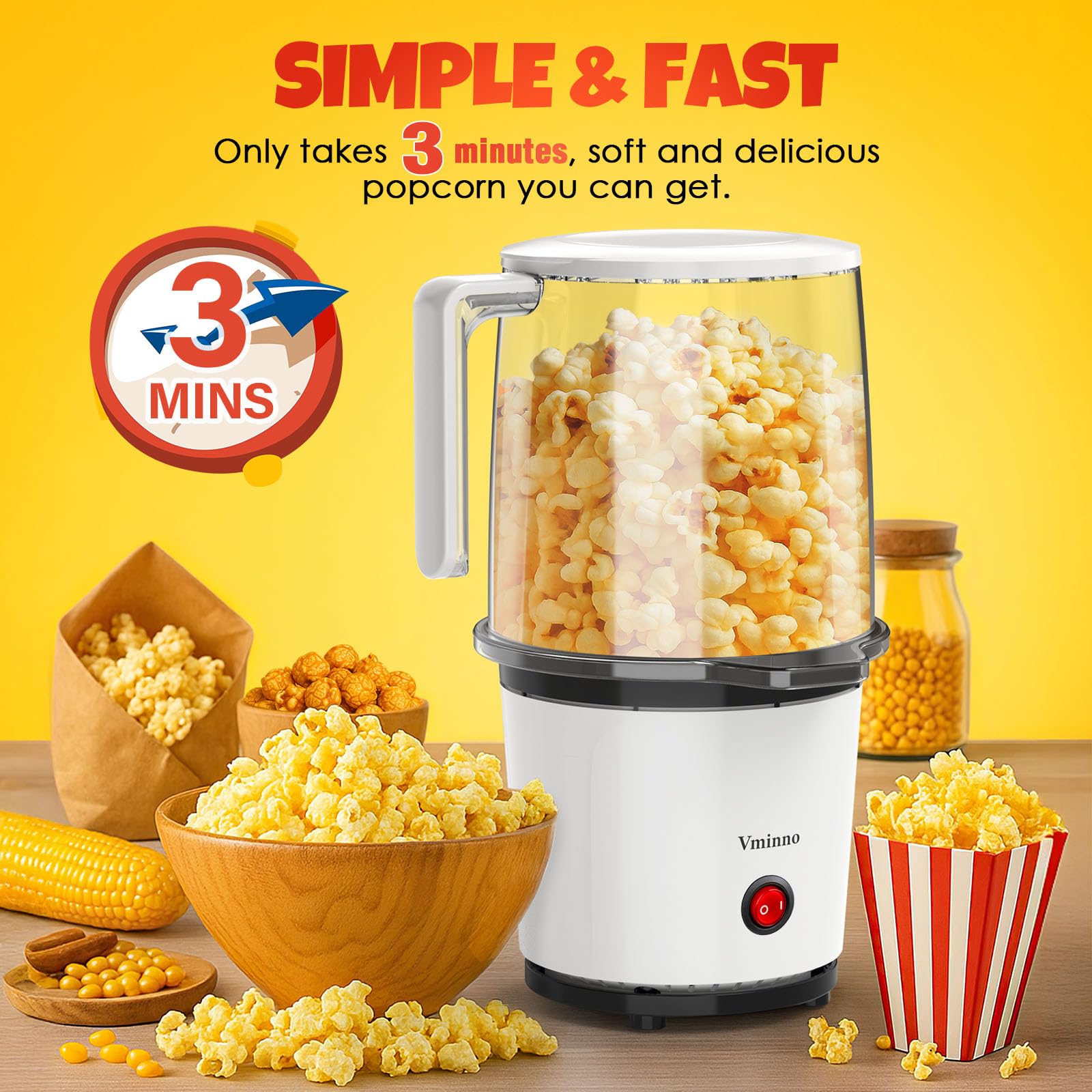 Vminno popper features an on/off switch for simple operation.