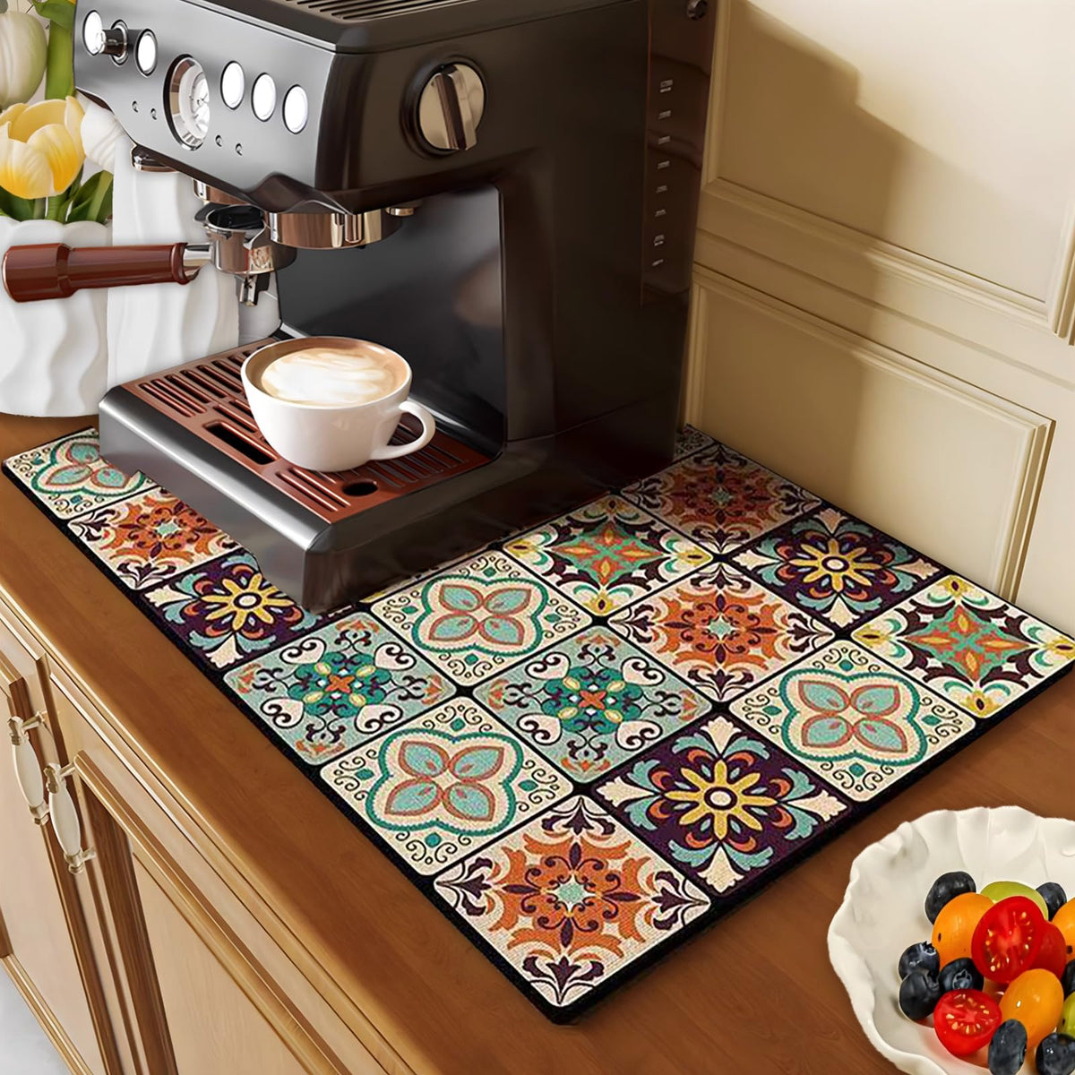 Vmogeicons coffee mat 16x24 on countertop absorbs spills quickly to protect surfaces.