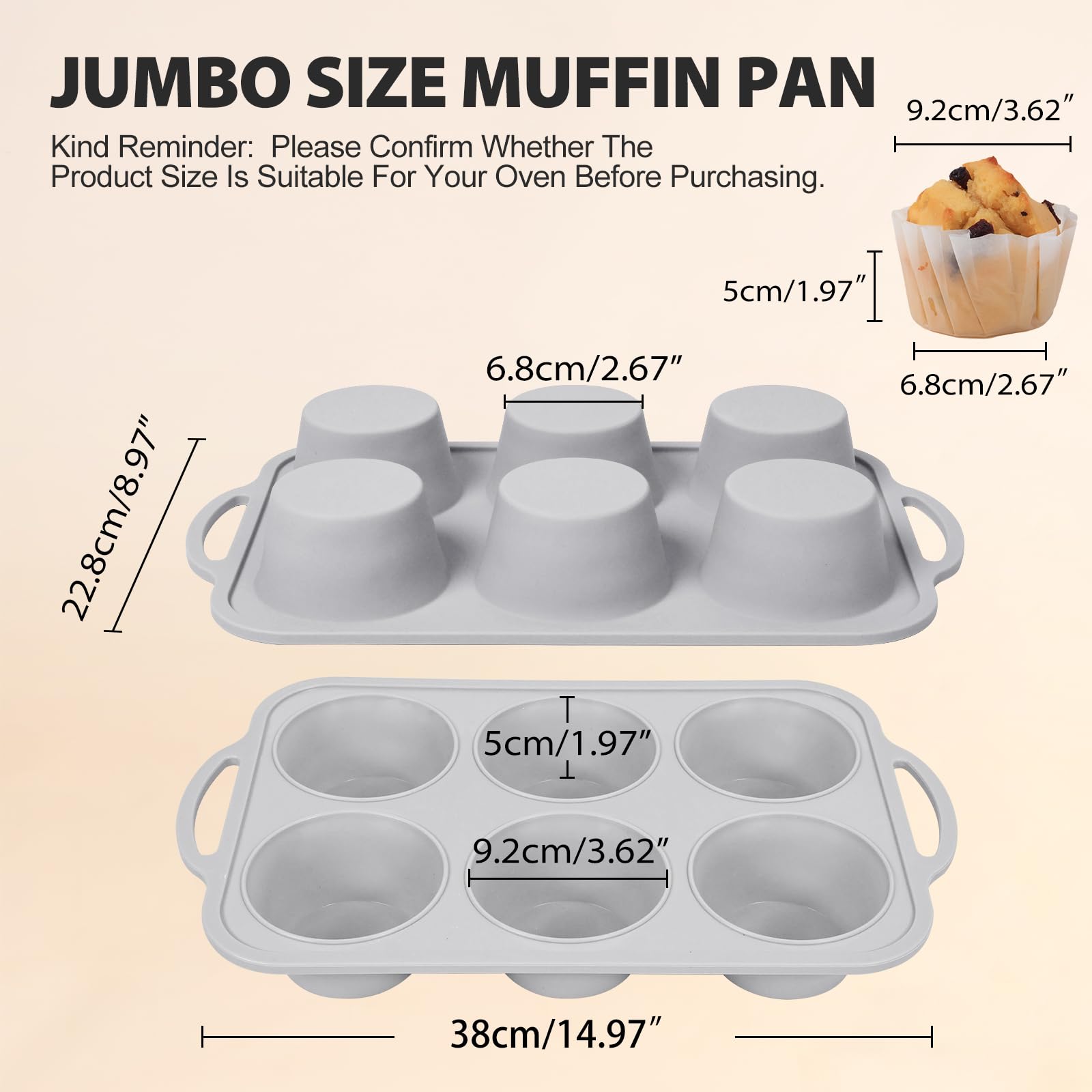 Vnray 6-cup large silicone muffin pan with sturdy handles for easy transfer.